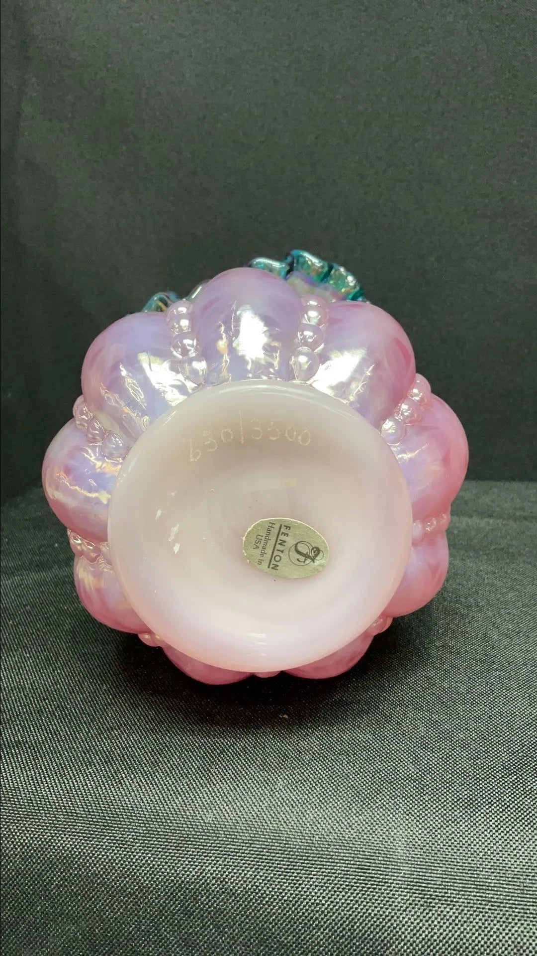Fenton Teal Crest Beaded Melon Iridescent Numbered Jack-in-the-Pulpit Vase