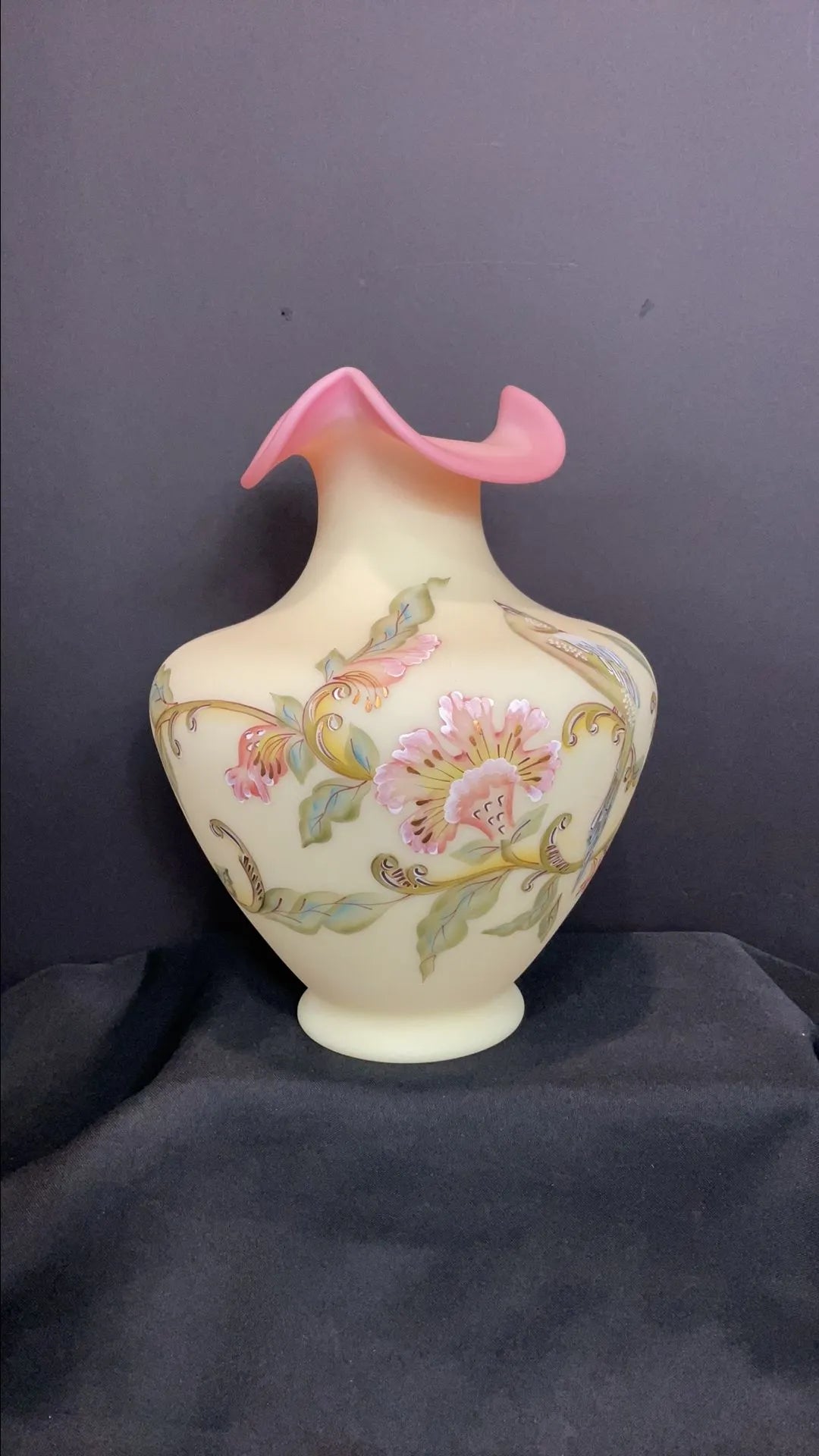Fenton Signed Queens Bird Burmese Vase