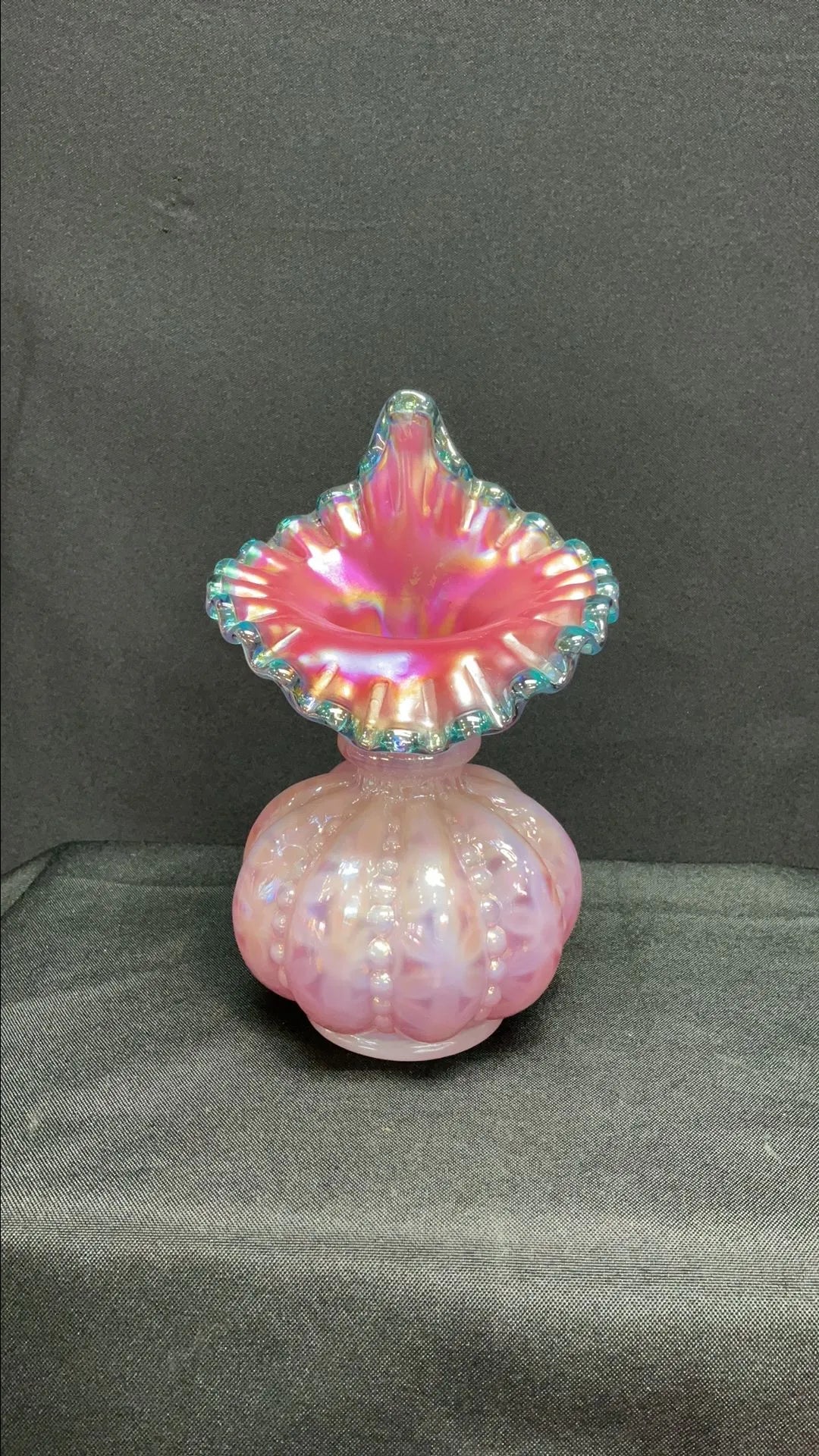 Fenton Teal Crest Beaded Melon Iridescent Numbered Jack-in-the-Pulpit Vase