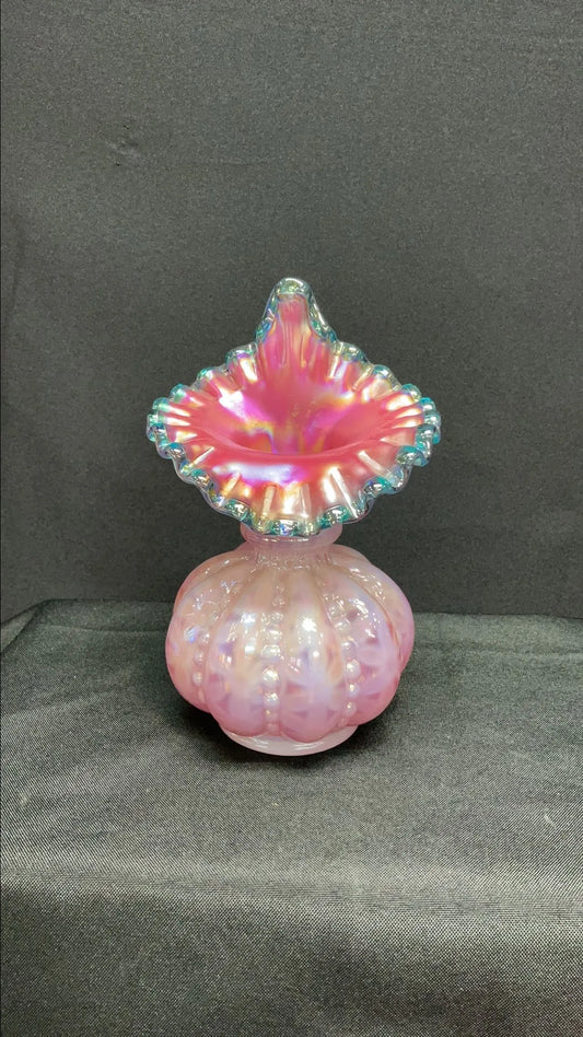 Fenton Teal Crest Beaded Melon Iridescent Numbered Jack-in-the-Pulpit Vase
